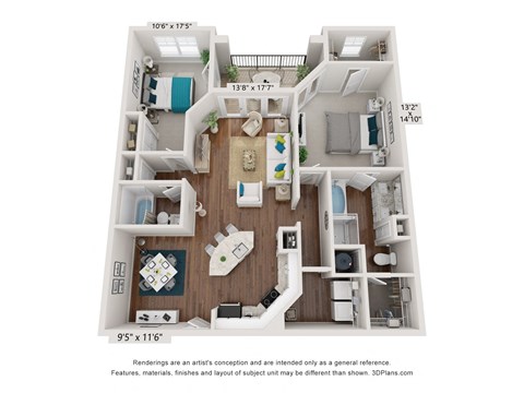 Floor plan for 2 beds, 2 baths, 1329 sqft